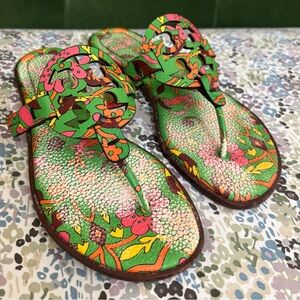 Tory Burch Miller Welt Green Splash Floral Sandals Size 7 Retail $198 *SEE DESC*